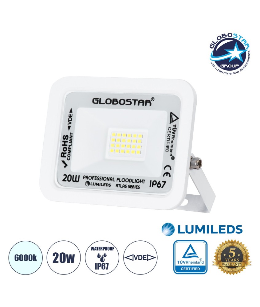 GLOBOSTAR® ATLAS 61407 Προβολέας LED 20W 2500lm 120° AC 220-240V Αδιάβροχο IP67 Ψυχρό Λευκό 6000K - Lumileds SMD Chip - TÜV Rheinland Certified - Λευκό Ματ - Μ12 x Π2.5 x Υ9.5cm - 5 Χρόνια Εγγύηση